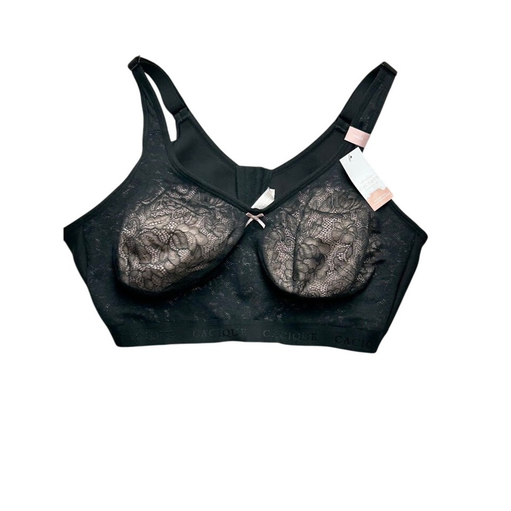 Cacique The Cotton Collection Black Lace Unlined Wireless Front Close Bra 48DDD